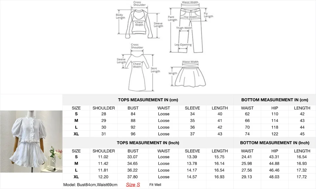 2025 White Short Sleeve Ruffles Short Blouse Tops Sets