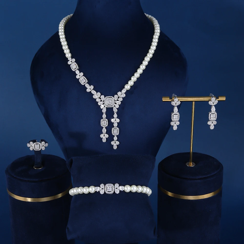 BrideTalk Pearl Tassel 42cm Necklace Earring 4PCS Jewelry Set High Quality Zircon Dubai Bridal Jewelry Set Gift