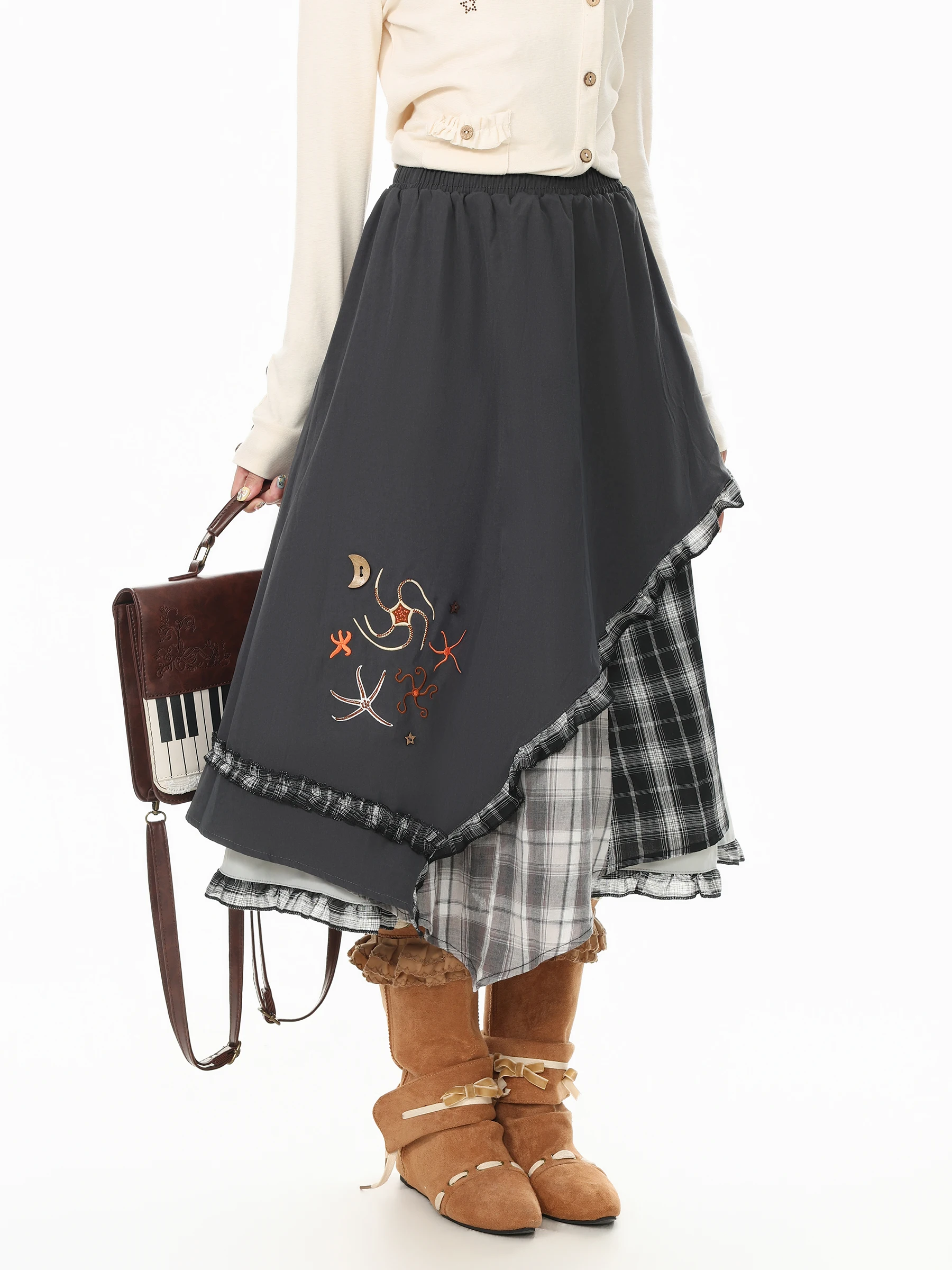 Languid Park Vintage Plaid Asymmetrical Casual Women's  Skirt Autumn Loose Elastic Waist A-Line Skirt Standard Fit