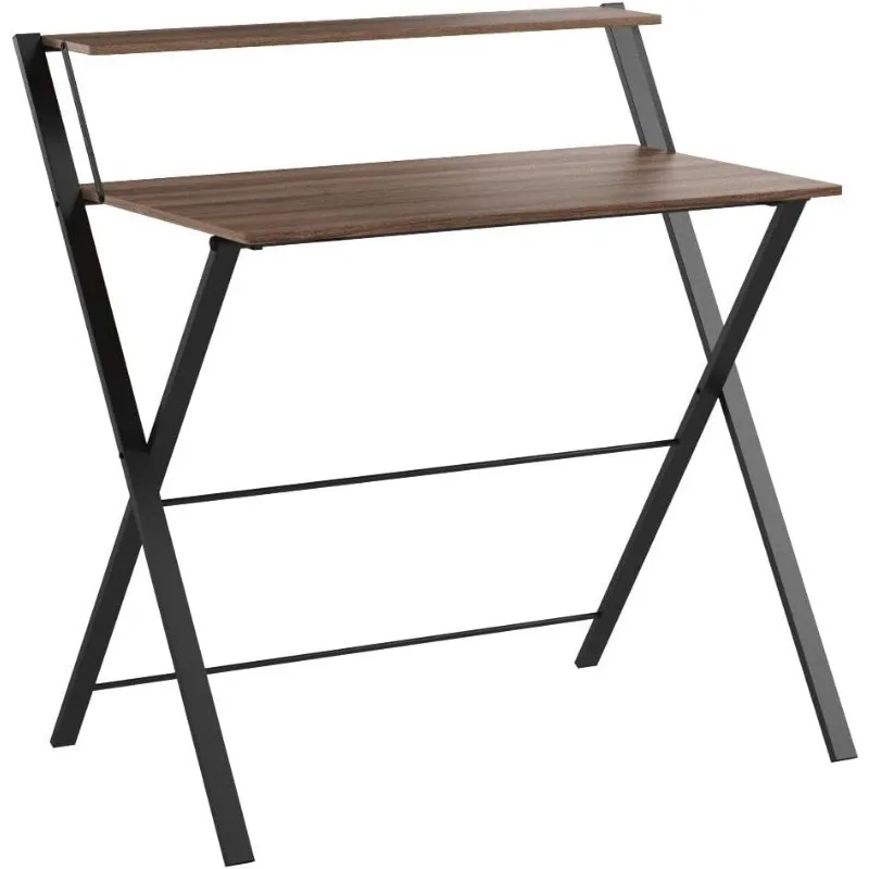 Folding Desk No Assembly Required, Computer Desk with 2-Tier Shelf Foldable Table for Small Spaces Fully Unfold 32 x 24.5 inch