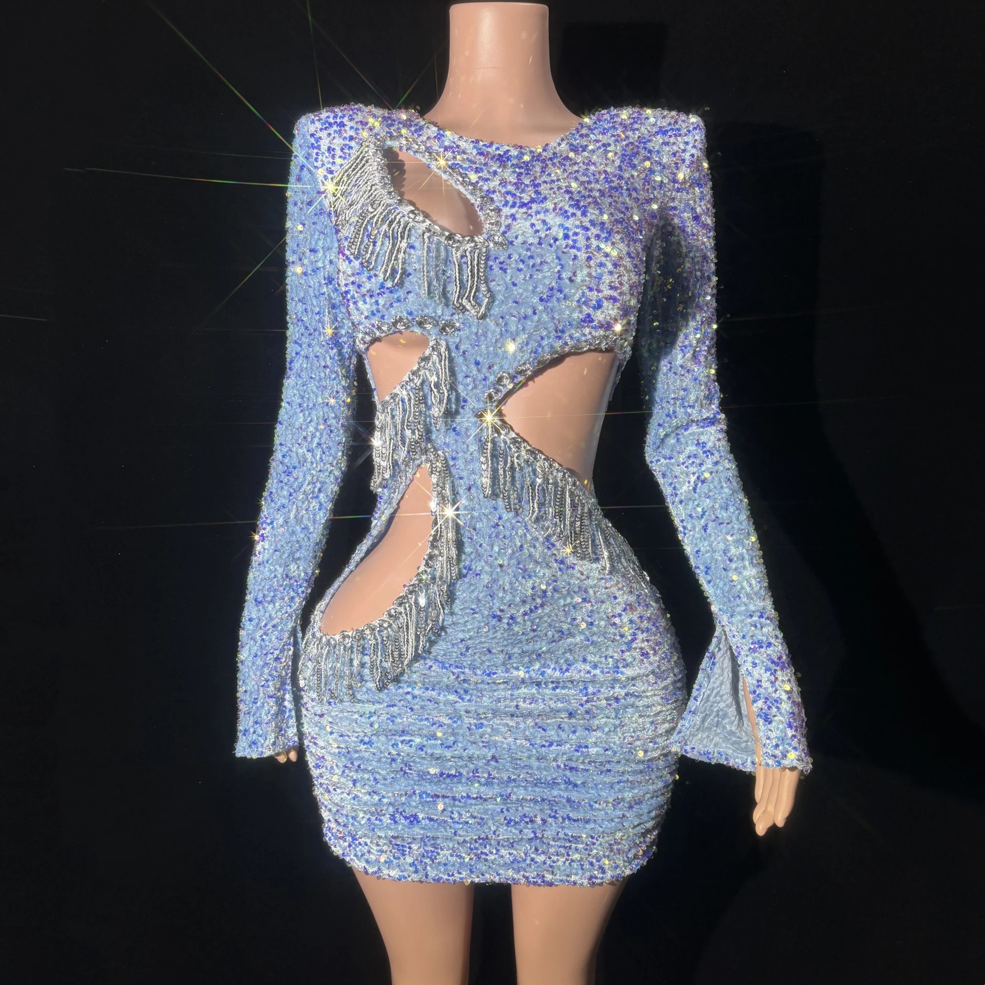 

Sky Blue Color Sequins Sexy Hollow Out Tassels Sheath Dress Evening Party Performance Costume Nightclub Singer Dancer Stage