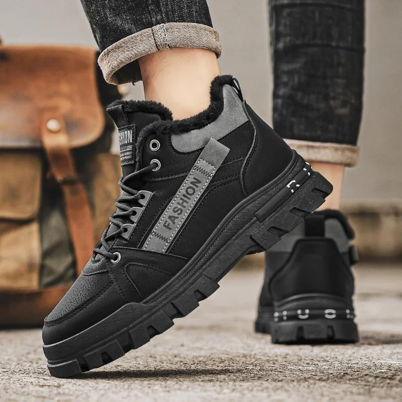 

Winter Mens Boots Plush Casual High-top Leather Shoes 2025 Male Sneakers New Bota Men's Outdoor Snow Boots Lace-up Cotton Shoes