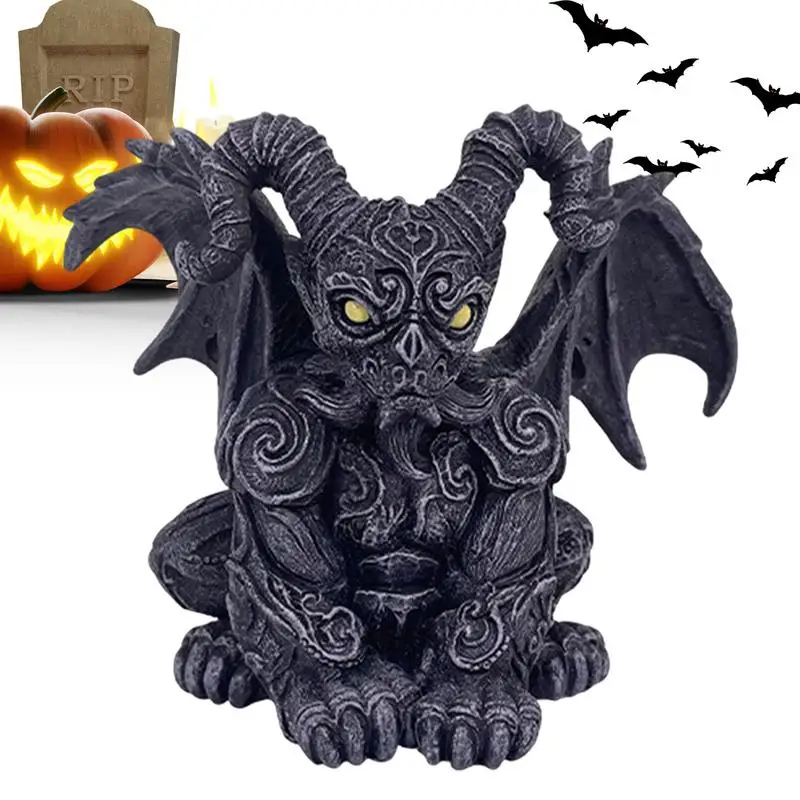 Sitting Dragon Resin Statue Crouching Horns Gargoyle Resin Statue Tall Gothic Cathedral Architecture Sculpture Patio Yard Lawn