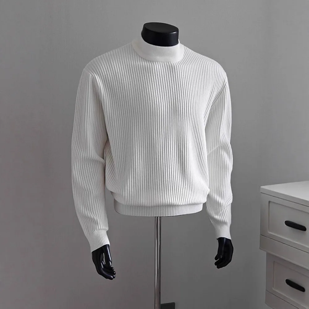 رجل قاعدة طبقة 2026 الربيع الرجال نظيفة صالح نصف عالية طوق سترة بيضاء مضلع شريط عادي الكتف كسول تريكو البلوز