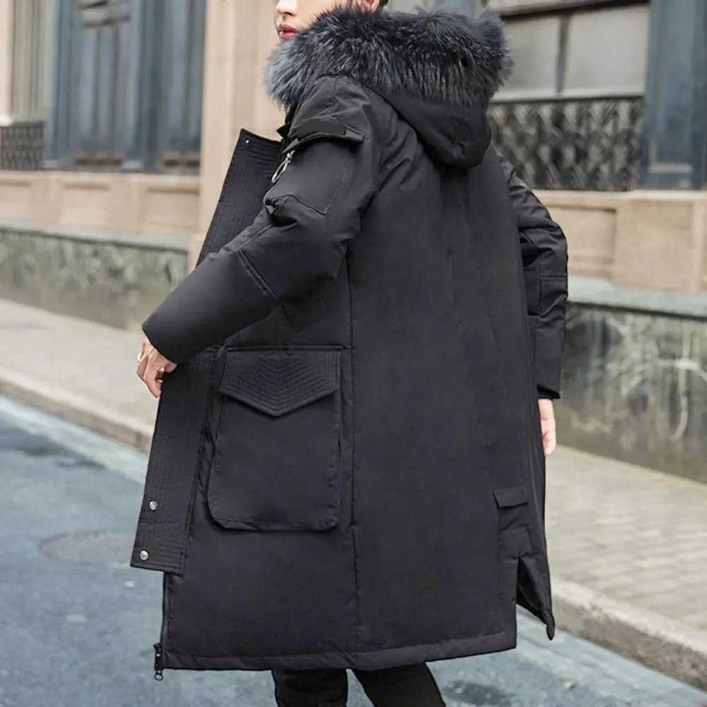 

Down Jacket with Large Pockets Men's Fur Collar Hooded Down Jacket with Pockets Long Sleeve Winter Coat Thickened for Cold