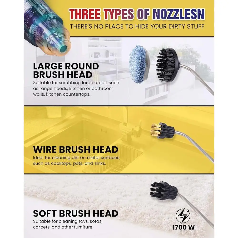 منظف بخار محمول بقوة 1700 وات، منظف محمول بالضغط العالي مع التحكم في الزناد 239 ℉   تسخين سريع 6 ملحقات فرشاة للاستخدام المنزلي
