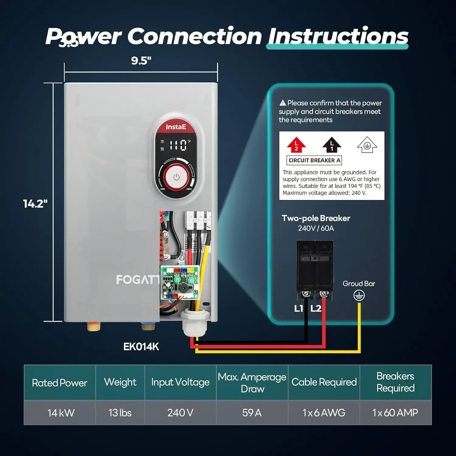 Electric Water Heater 14KW 240V,on Demand Instant Endless Water Heater,ETL Certificated,2-3 Point of Use Hot Water