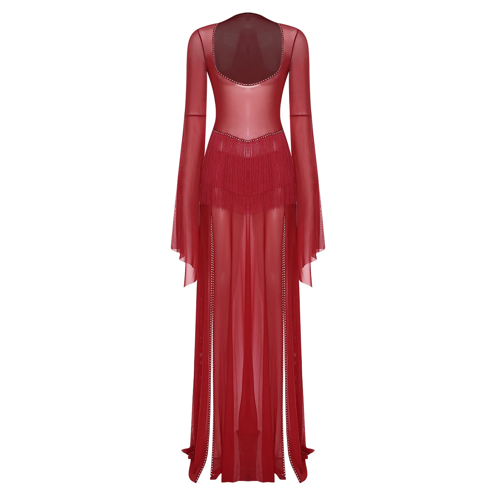 Vestido feminino egípcio para dança do ventre, manga sino, borla, cintura, malha, strass, bainha, maxi vestido, casamento, boate