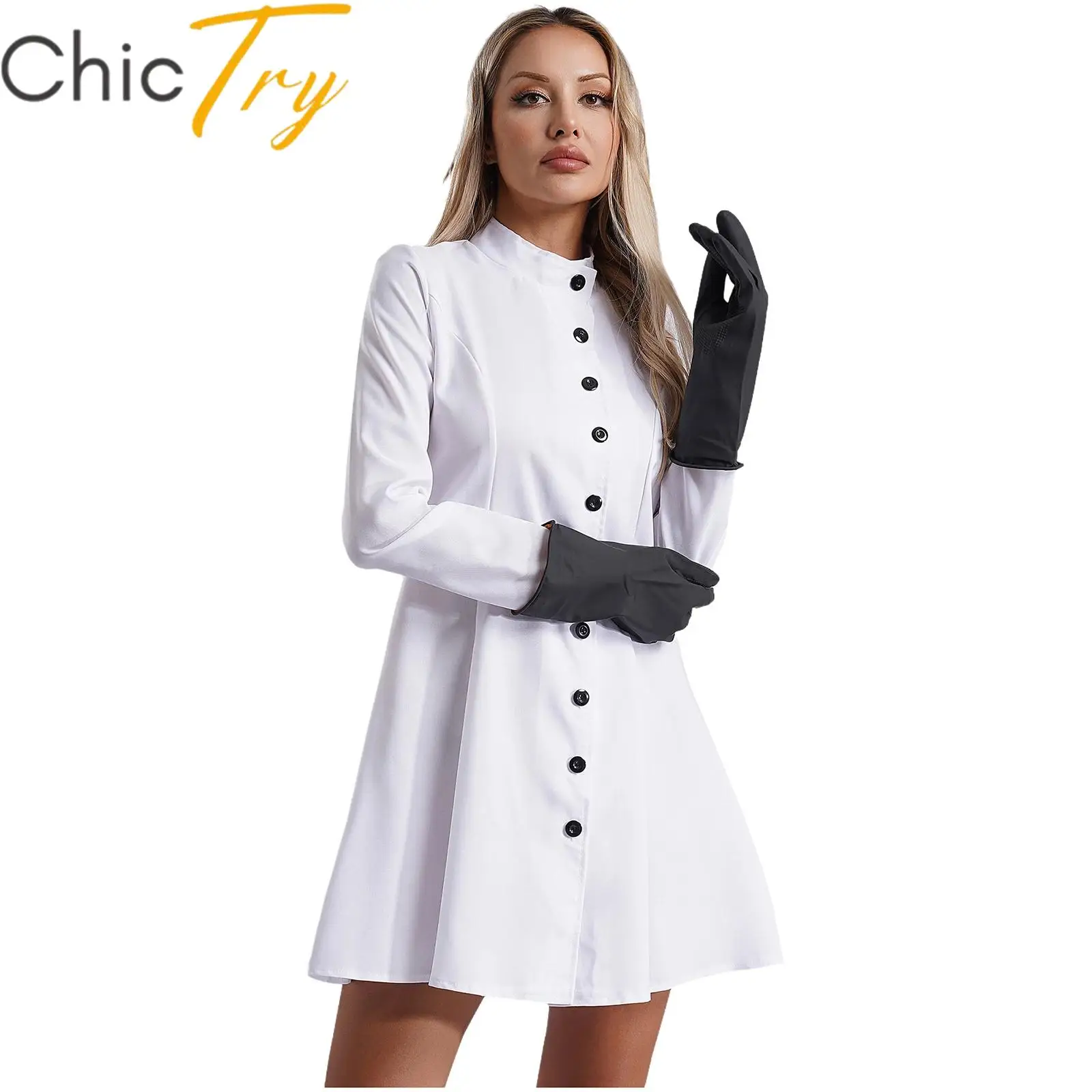 Womens Doctor Nurse Work Coat with Gloves Halloween Roleplay Cosplay Costume Lab Dress Mad Scientist Carnival Party Dress Up