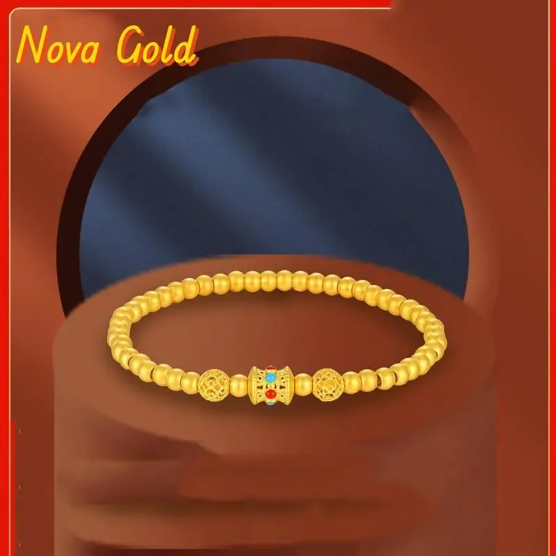 

NovaGlod 9999 24K real gold ancient transfer bead bracelet exquisite hollow flower mercerized beads small golden bean bracelet f