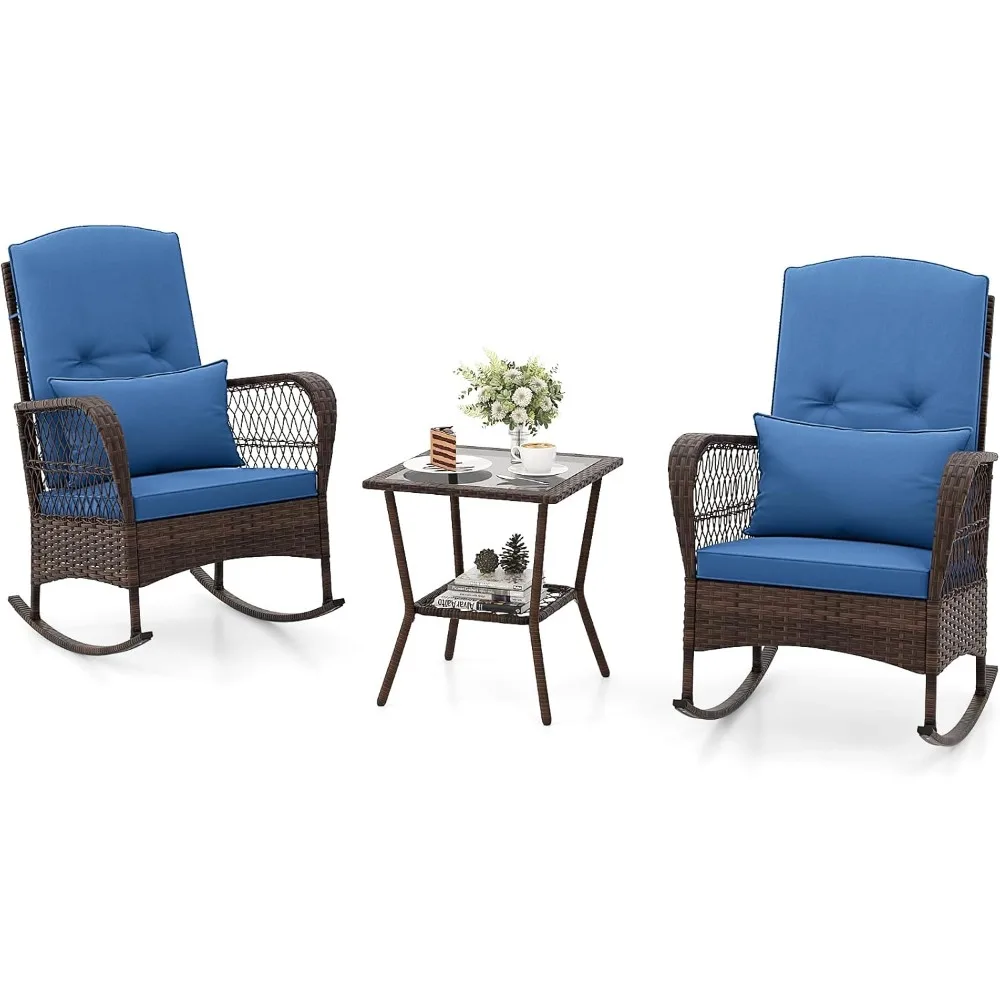 

3 Piece Patio Rocker Set,Patiojoy Outdoor Wicker Rocking Chairs w/Double-Layer Coffee Table, Rattan Rocker Chair Set w/Seat Back