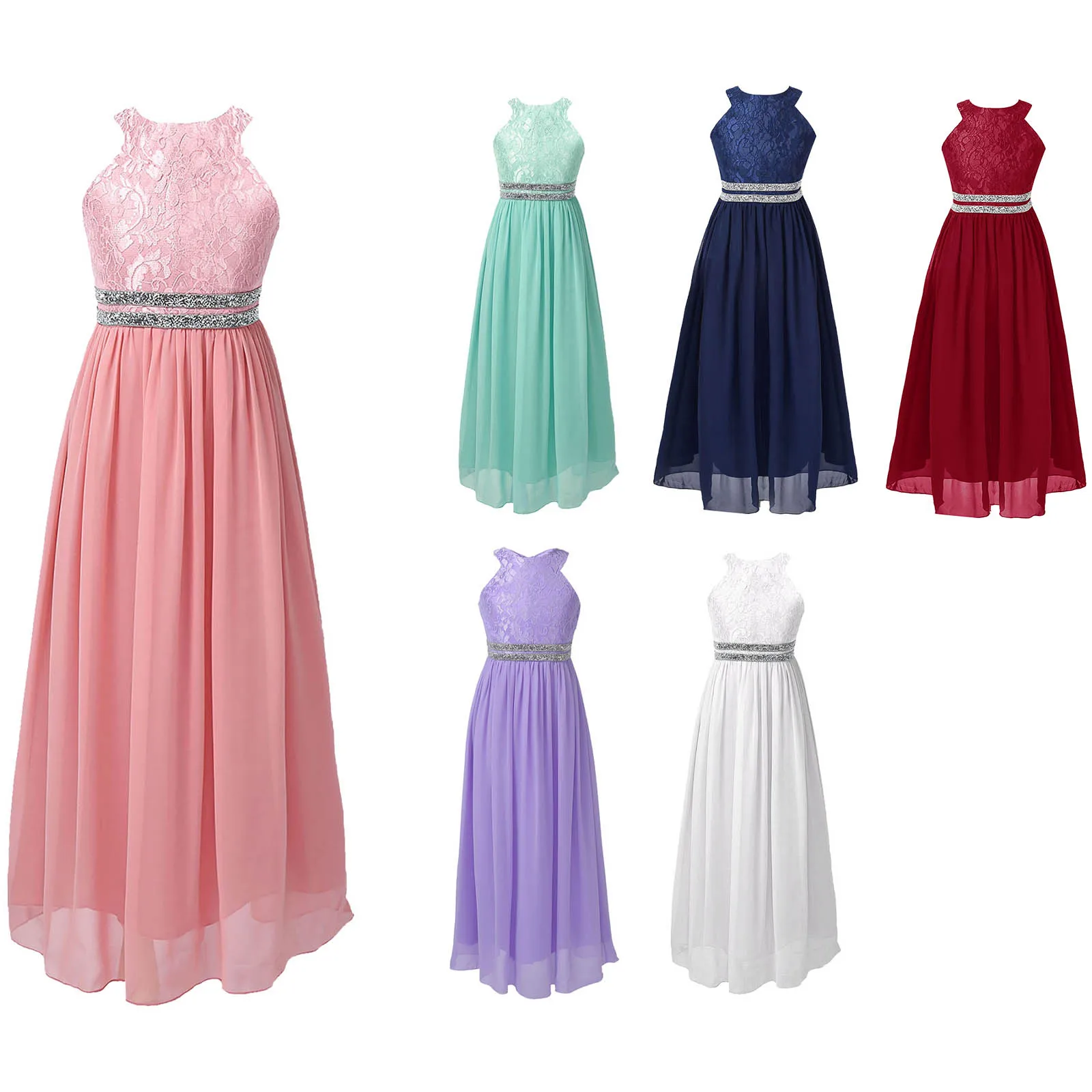 Teen Kids Girls Elegant Princess Dress senza maniche abito in Chiffon di pizzo floreale Vestido Wedding Evening Birthday Party Prom Gown