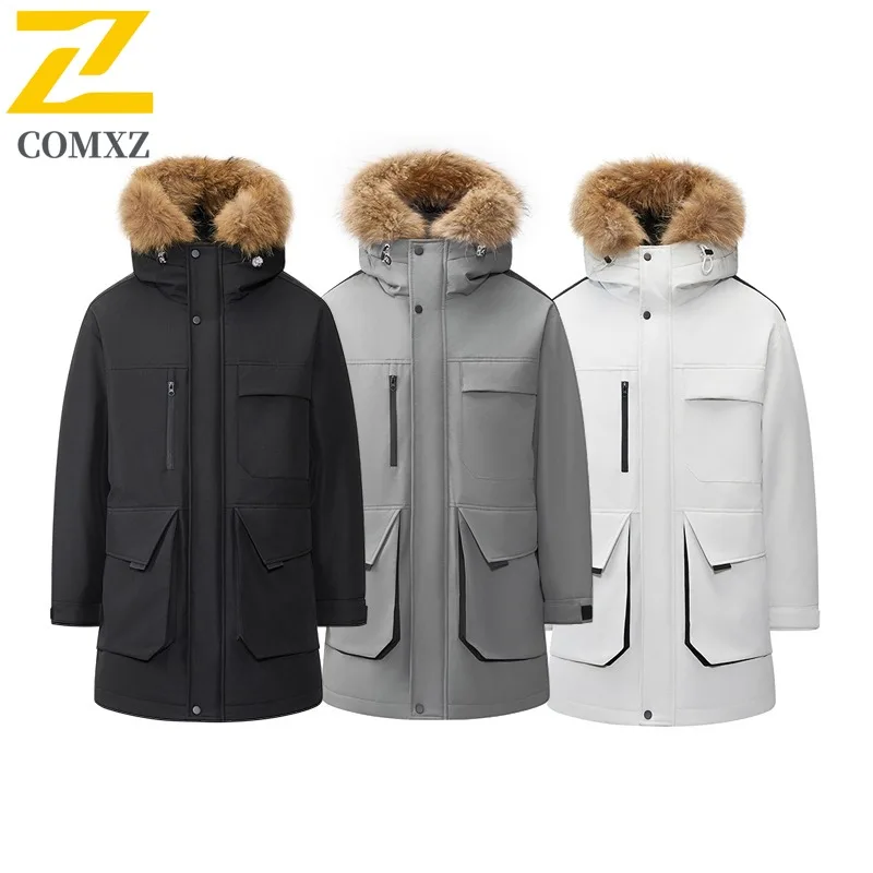 COMXZ Piumino da uomo Nuovo collo in pelliccia Cappuccio da neve Addensare Piumino caldo 90 per cento Piumino d'anatra bianco Giacca a vento autunnale antivento