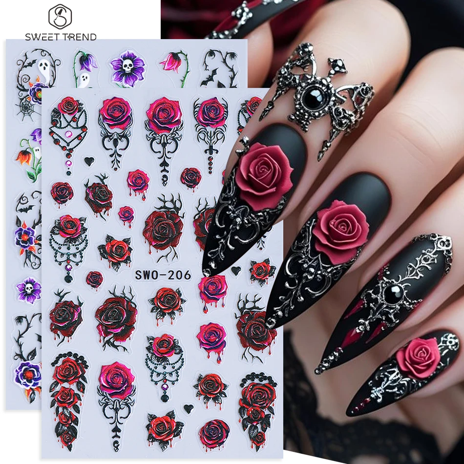 2 Stück Gothic Halloween Nagelkunst-Aufkleber Blutrote Rose Lila Blume Geist Fledermaus Selbstklebende Nagelsticker DIY Maniküre Dekoration