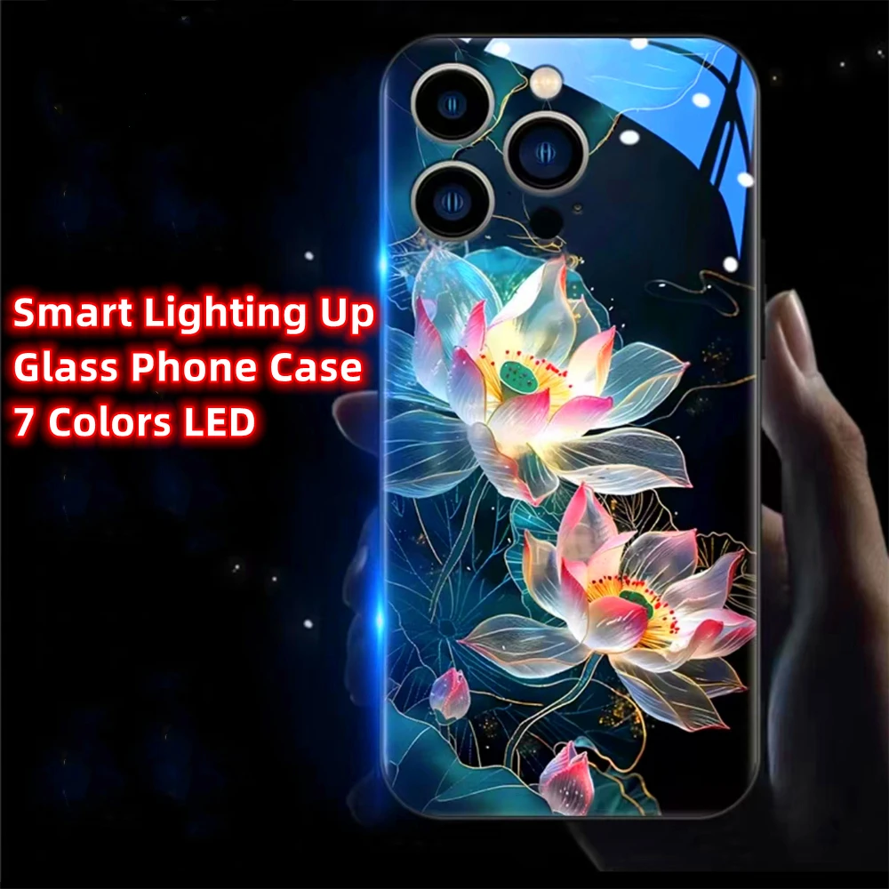 

Lucky Lotus Flower Luminous Glass LED Call Light Up Flash Phone Case Cover For iPhone 16 15 14 13 12 11 Pro Max X XR XS Plus