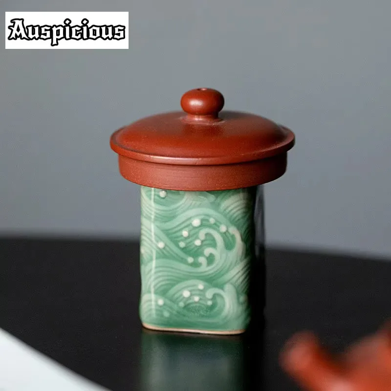 

Boutique Yue Kiln Celadon Teapot Lid Holder Square Relief Wave Ceramic Cover Support Household Bowl Bracket Kung Fu Tea Ornament