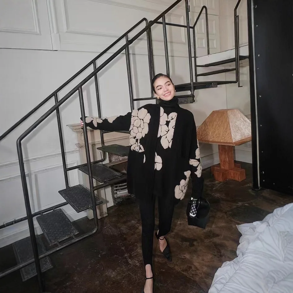 

Floral Heavy Industry 3D Flower Mid-Length Svel Outerwear Women's Loose Fit Wool Blend French Sle Faion Outerwear