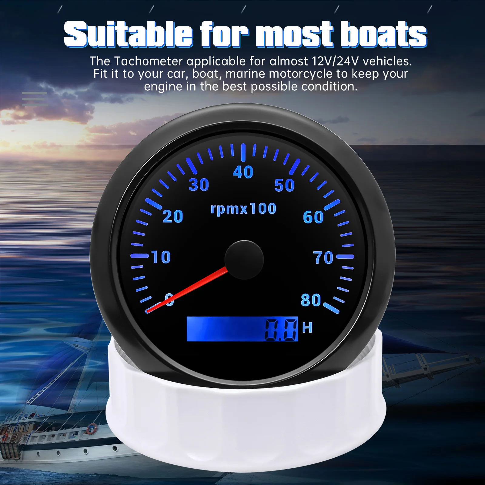 Round Auto RPM Tachometer 8000 RPM Tacho Gauge with LCD Light Car Digital Hourmeter Marine Outboard Diesel Engine 7Colors Change view 6