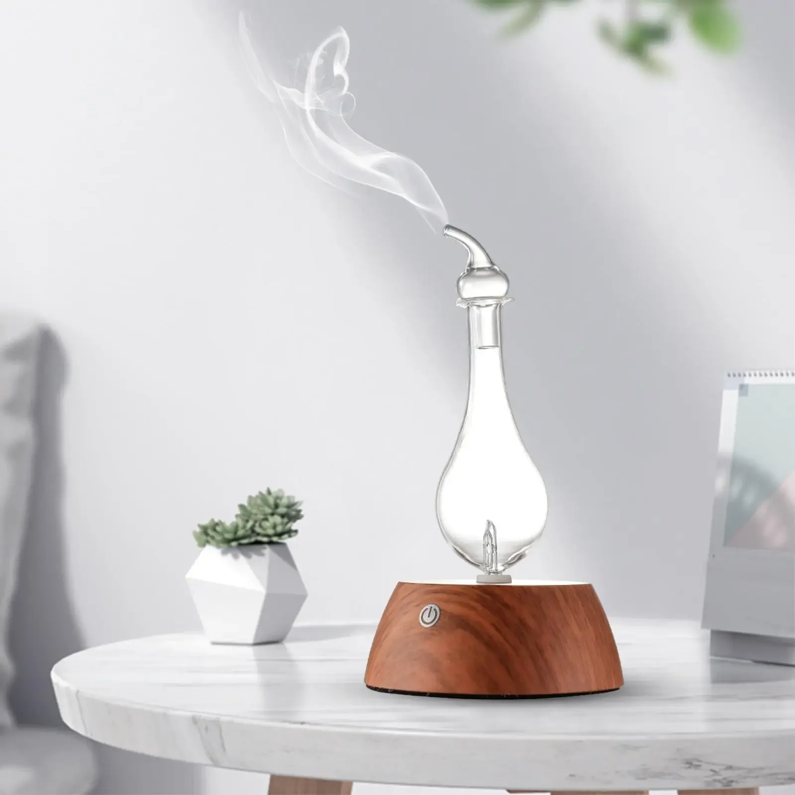 Air Humidifier Mini Aromatherapy Diffuser Essential Oil Atomizer Cold Spray Wood Base Glass Reservoir for Home Office Yoga