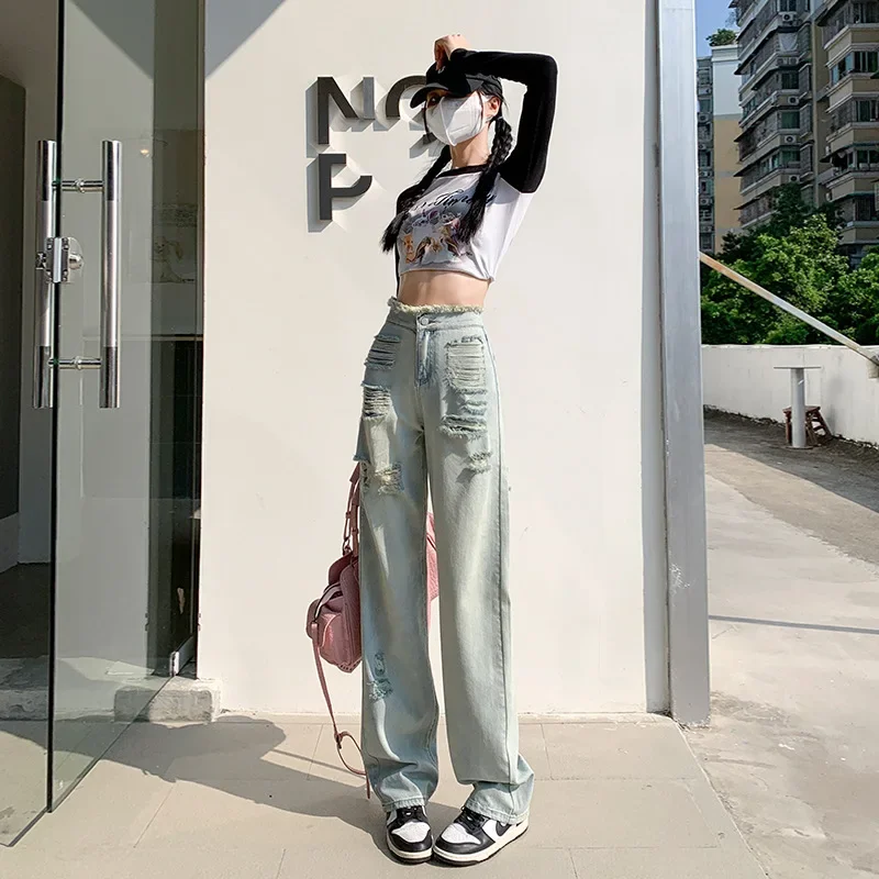 Moda Niebieskie Jeansy Ripped Kobiety 2025 Lato Korea Y2K Nowe Wszechstronne Denimowe Spodnie z Szeroką Nogawką Wysoka Talia Cienkie Luźne Spodnie Casualowe