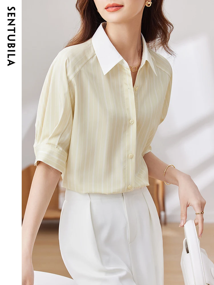 SENTUBILA Women\'s Striped Button Down Shirt 2024 Summer Lantern Short Sleeve Turn-Down Collar Blouse Office Lady Tops 132C48489