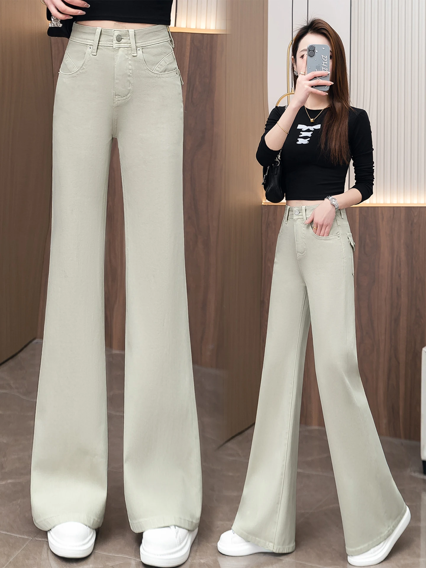 

High Waist Bell Bottom Jeans Women's Casual Style Spring Autumn New Model Slimming Effect Comfortable Soft Cotton Denim