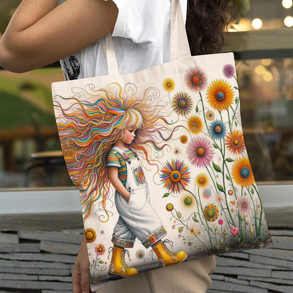 

Casual Flower Girl Shopping Bag Big Capacity Floral Reusable Women Shopper Bags Double Print Lady Tote Shoulder Handbag 40x45cm