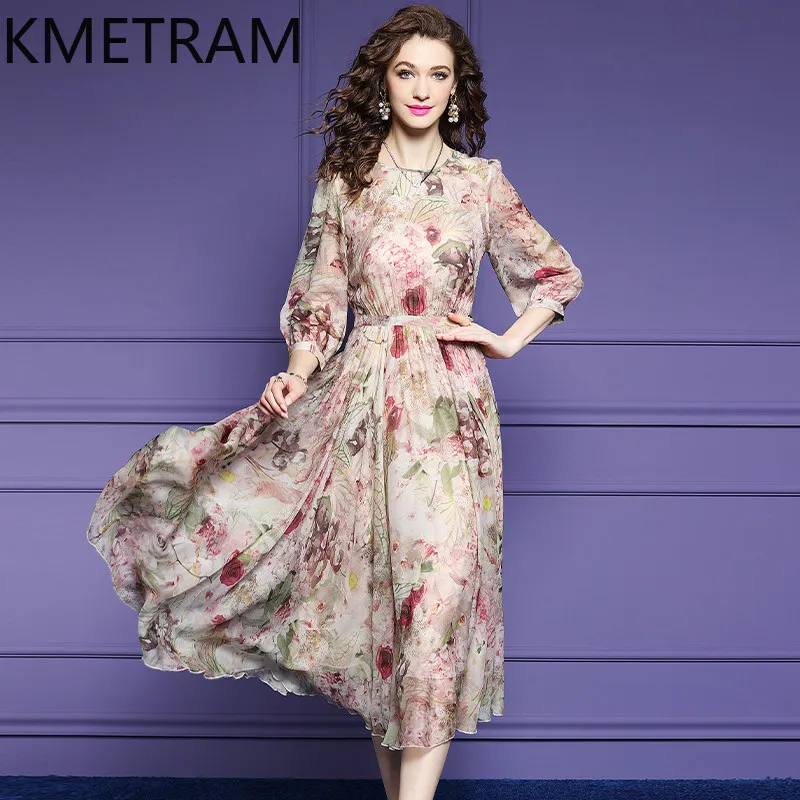 

KMETRAM 100% Mulberry Silk Dress for Women Luxury Long Dresses High Quality Summer Party Dress Woman Clothes Vestidos Largos