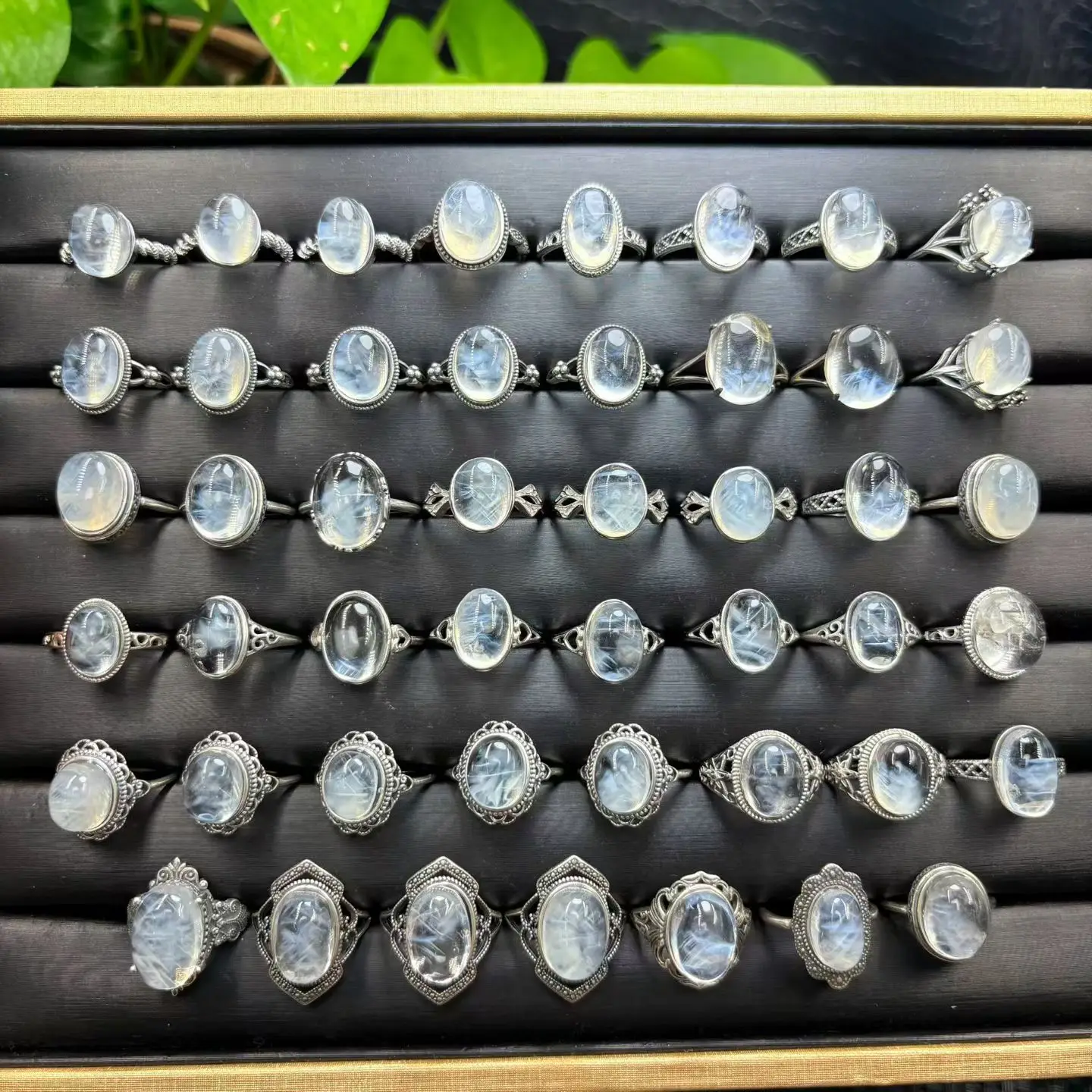 1 Pc Fengbaowu Natural Blue Feather Needle Blue Rutilated Quartz Ring Angel Feather Oval Cabochon 925 Sterling Silver