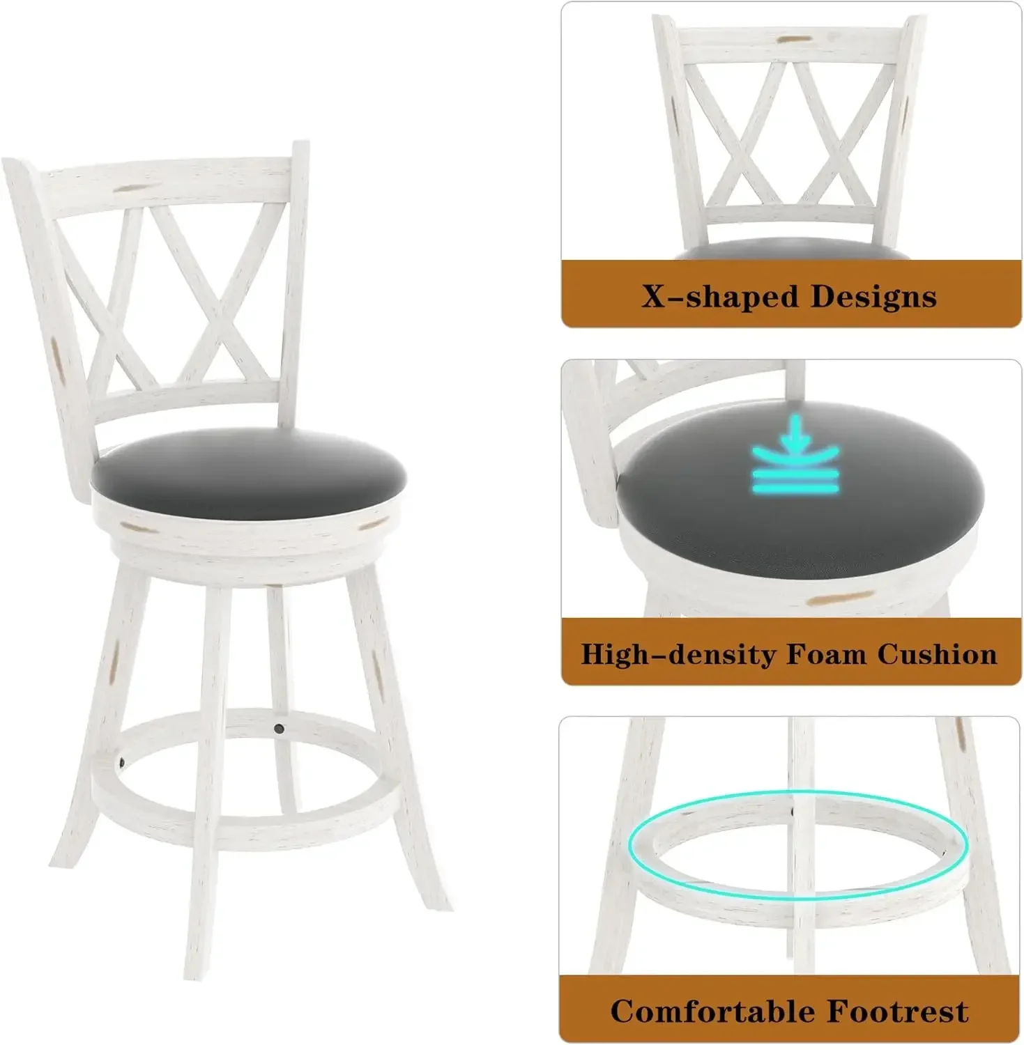 24" Counter Height Swivel Bar Stools - High Back Swivel Counter Stools with Upholstered Seat & Solid Wood Footrest, Counter Bar