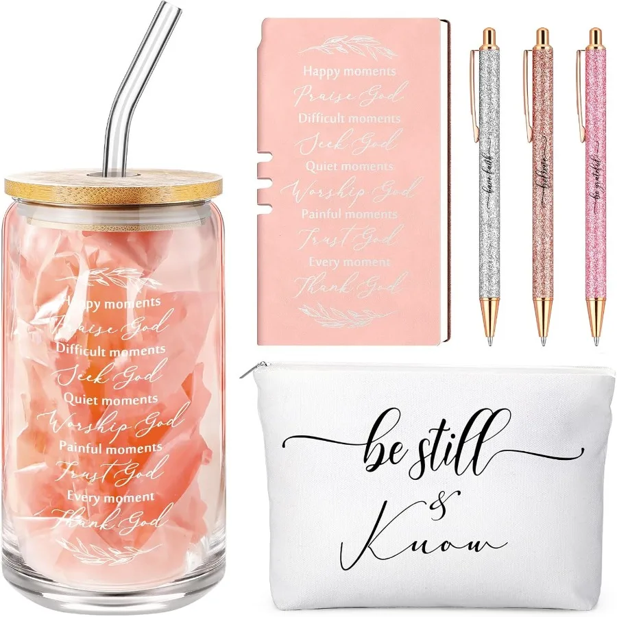 6 шт. христианские подарки для женщин Библия Vee A6 кожаный блокнот для путешествий 16 унций стеклянная чашка шариковая ручка с блестками косметичка Inspiratio