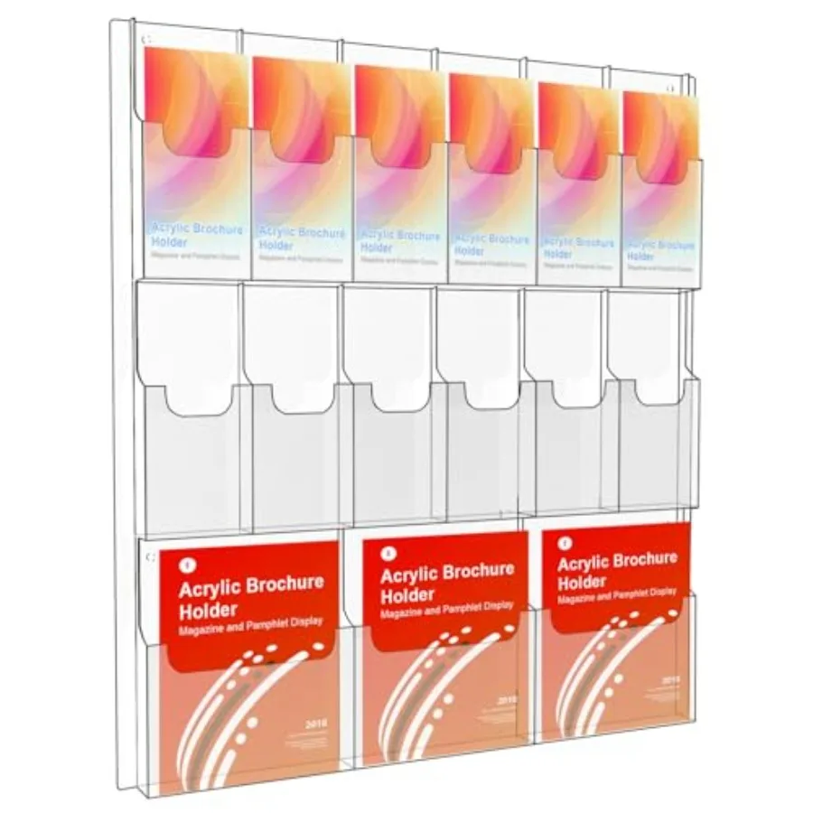 

Acrylic Brochure Holder Wall Mount Magazine and Pamphlet Display Clear Literature Organizer Rack for 12 Pamphlets and 3 Magazin