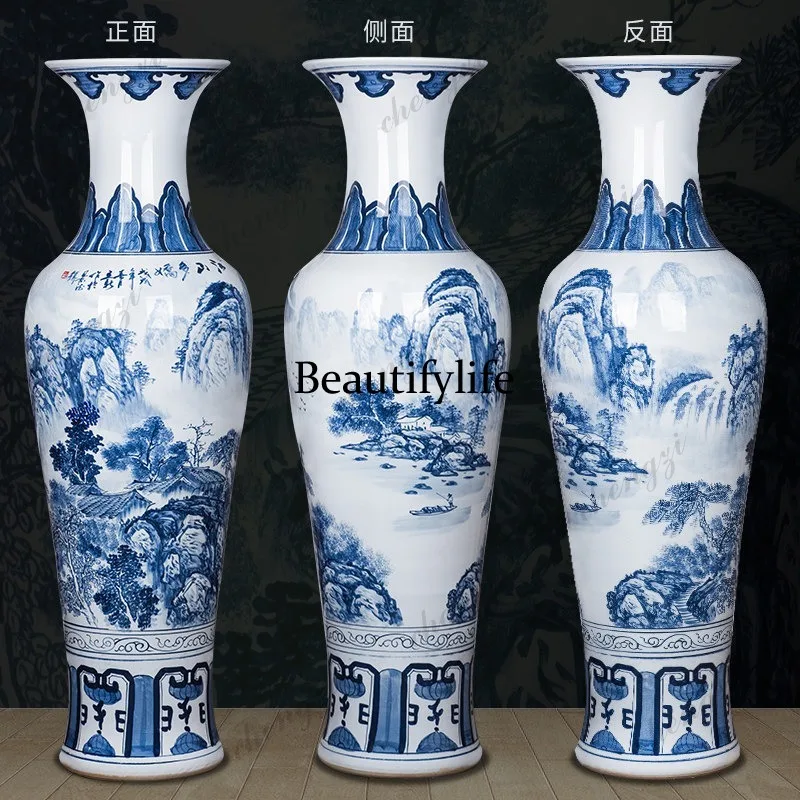 Jingdezhen ceramic hand-painted antique blue and white floor vase living room handicraft ornament