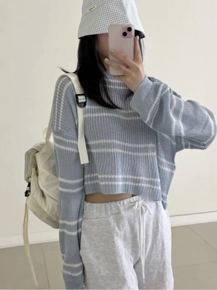 

Корейский круглый вязаный свитер Ne Stripe Long Sve для женщин, ранняя осень, новый маленький топ Faion ort Design Sense