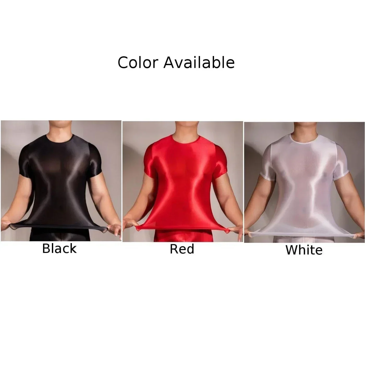 Tops Heren T-shirt Comfortabel mannelijk nylon Doorzichtig Sexy pure glanzende korte mouw Effen effen kleur T-shirt Comfortabel