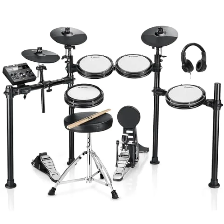 Electric drum set for home practice, mesh pads, black, ultra-quiet with 31 kits, 450+ sounds, 5 pads, 3 cymbals, throne, headph