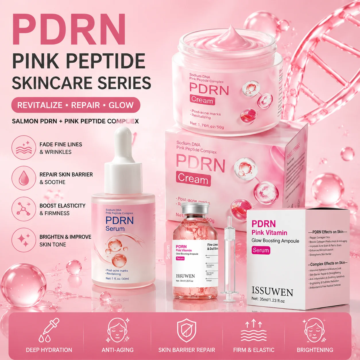PDRN Pink Peptide Serum Salmon DNA Anti Aging Cream Pink Vitamin Glow Boosting Ampoule Skin Repair Firming Brightening Facial Sk
