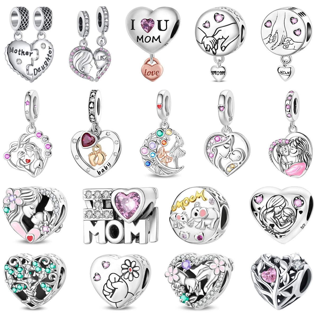 

Hot Sale I Love My Mom 925 Silver Charm Bead Heart Shaped Mother's love Pendants Fit Bracelets Necklace DIY Mother's Day Jewelry