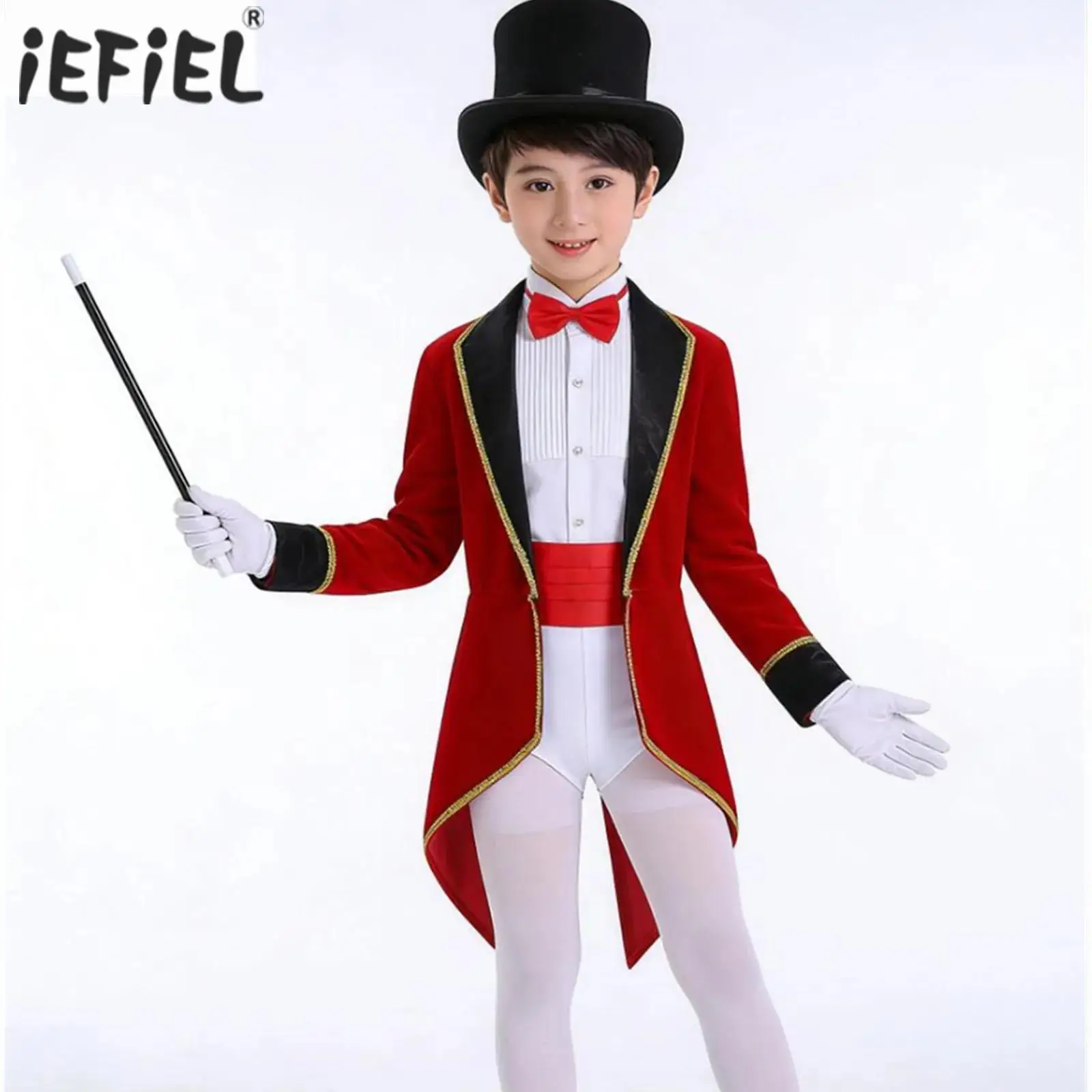 

Girls Boys Circus Ringmaster Magician Showman Carnival Cosplay Costume Set Long Sleeve Lapel Tailcoat with Hat Magic Wand Gloves