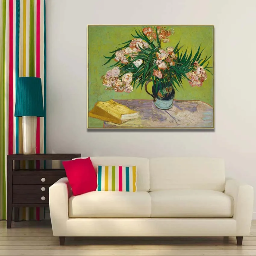 Handpainted high quality reproduction of Oleanders and Books by Van Gogh  still life painting on linen canvas Room decorations