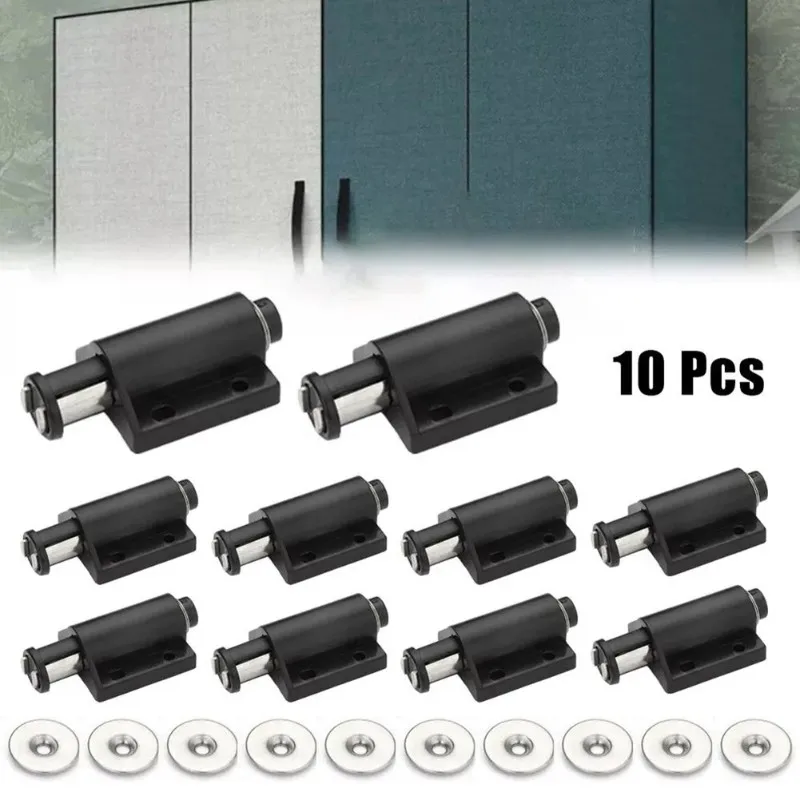 ABNM Magnetic Spring Latch For Cabinet Doors-Easy Push-To-Open Design, Mechanism Ideal For Cabinets-Black Furniture Hardware Set