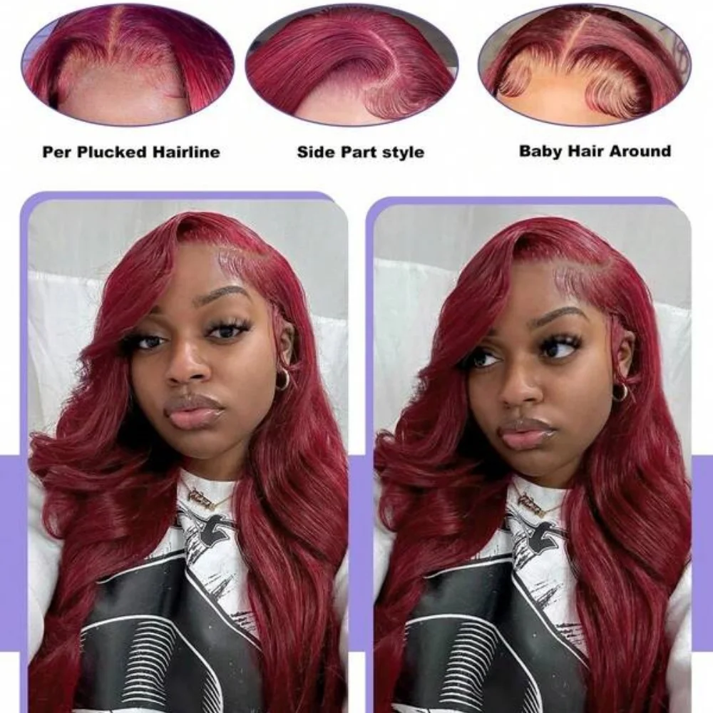 200% الكثافة 99j بورجوندي اللون الأحمر الجسم موجة الشعر البشري المخلوط 13X4 الدانتيل الباروكات الأمامية للنساء قبل قطعها منطقة كبيرة