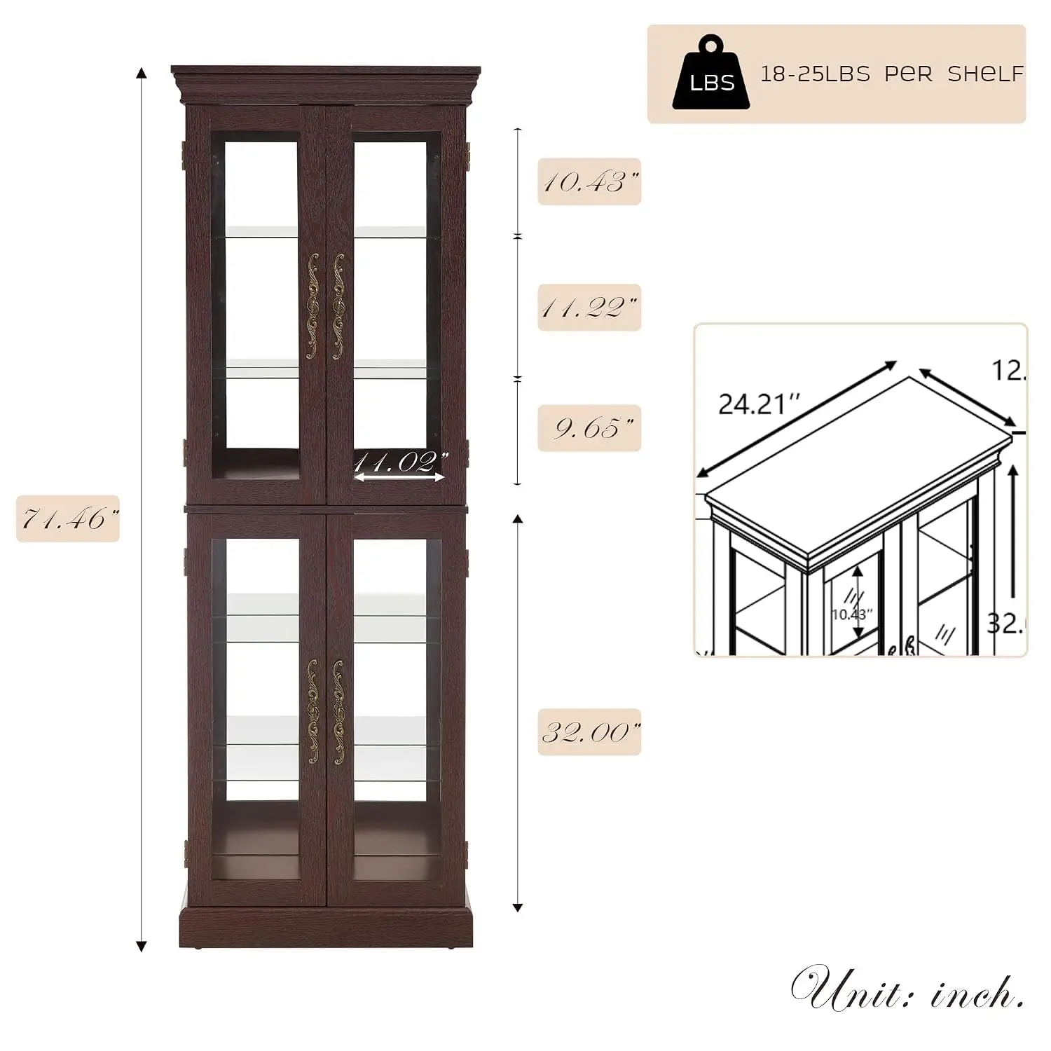 Vintage Glass Display Cabinet with Adjustable Shelves & 4 Glass Doors, Wooden Wine Bar Cabinet for Living Room, Customized