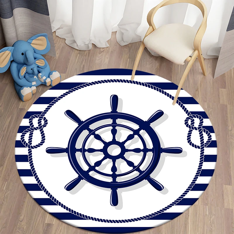 Nautical Round Rug Living Room Bedroom Kids  Soft Kitchen Area  Anti-Slip Flannel  Floor Mats