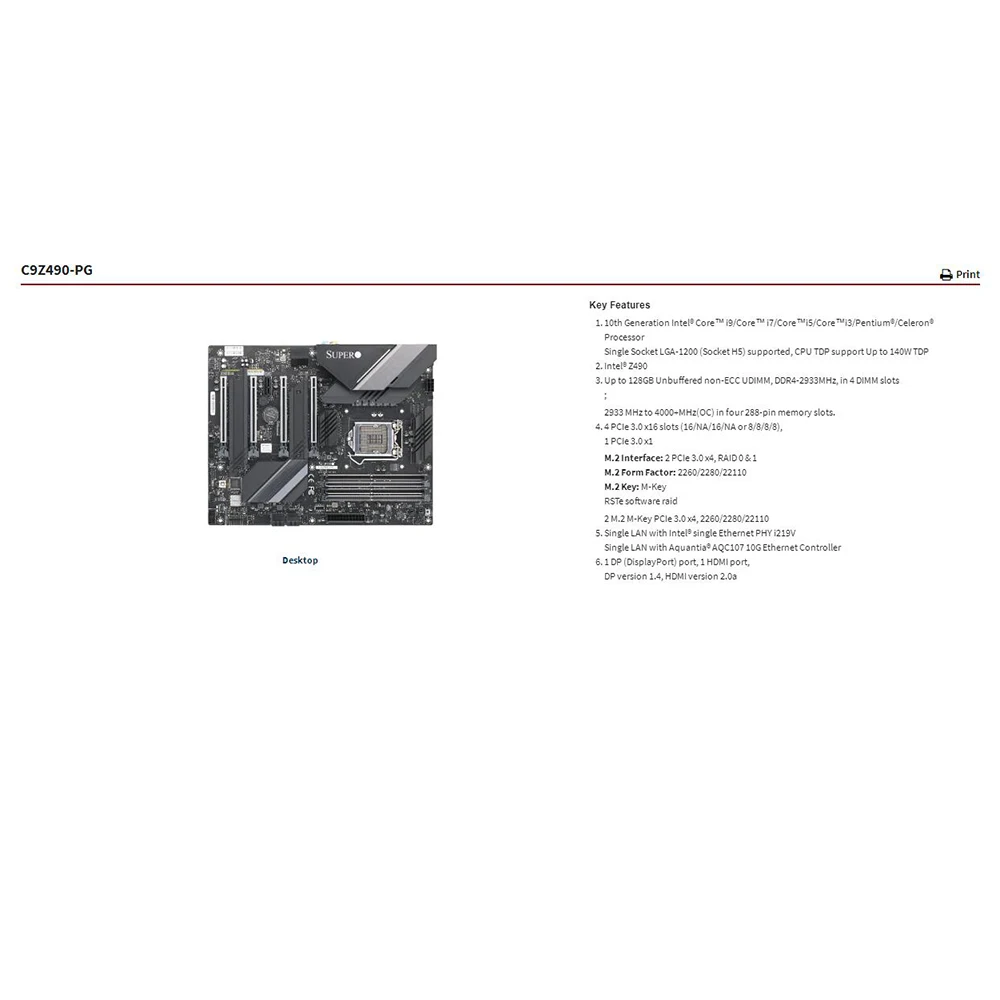 C9Z490-PG For Supermicro /Desktop/Gaming Motherboard 10th Generation Core i9/i7/i5/i3 LGA-1200 DDR4-2933MHz