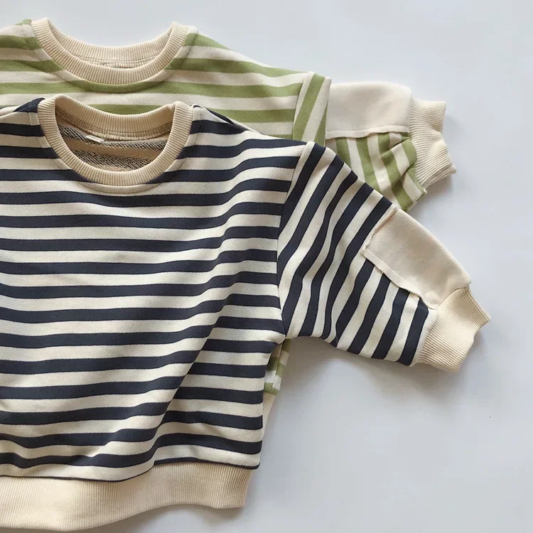 Korean Style Striped Fashion Baby Hoodies O Neck Long Sleeve Patchwork Newborn Cute Sweatshirt Autumn Loose Tops