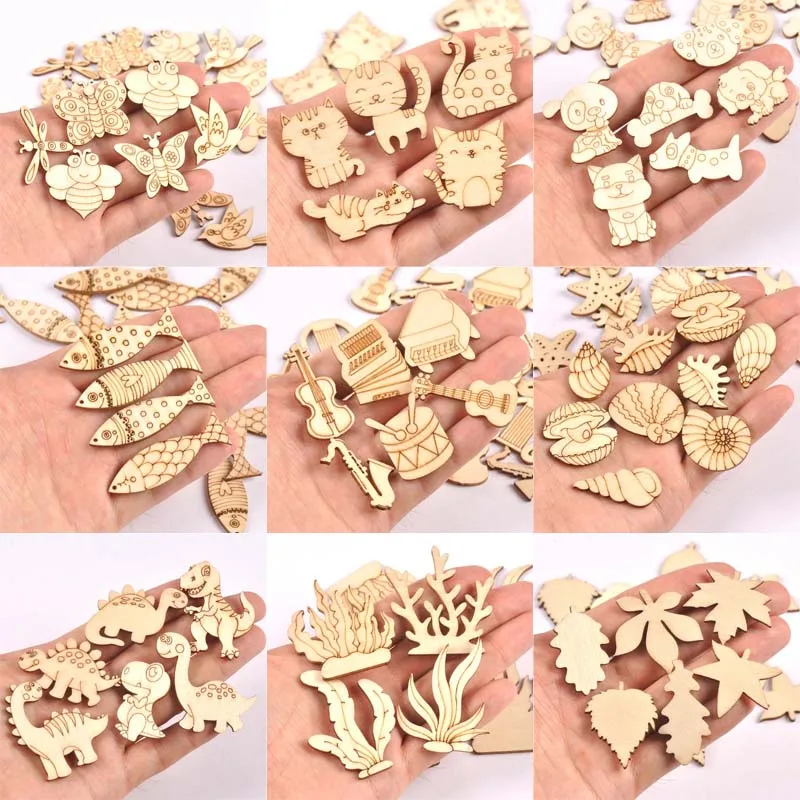 Lovely Dog Cat Fish Natural Wooden Chips Scrapbooking Carft for Home Decoration Diy Embellishments cp3397