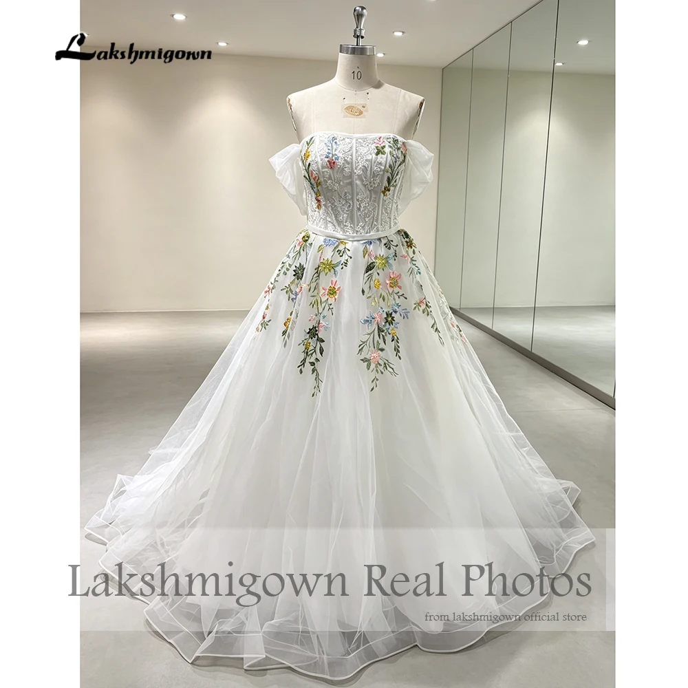 Lakshmigown Blumenstickerei Hochzeitskleid Schulterfrei Elfenbein A-Linie Trägerloses Brautkleid Echte Fotos Maßanfertigung – Detail 5