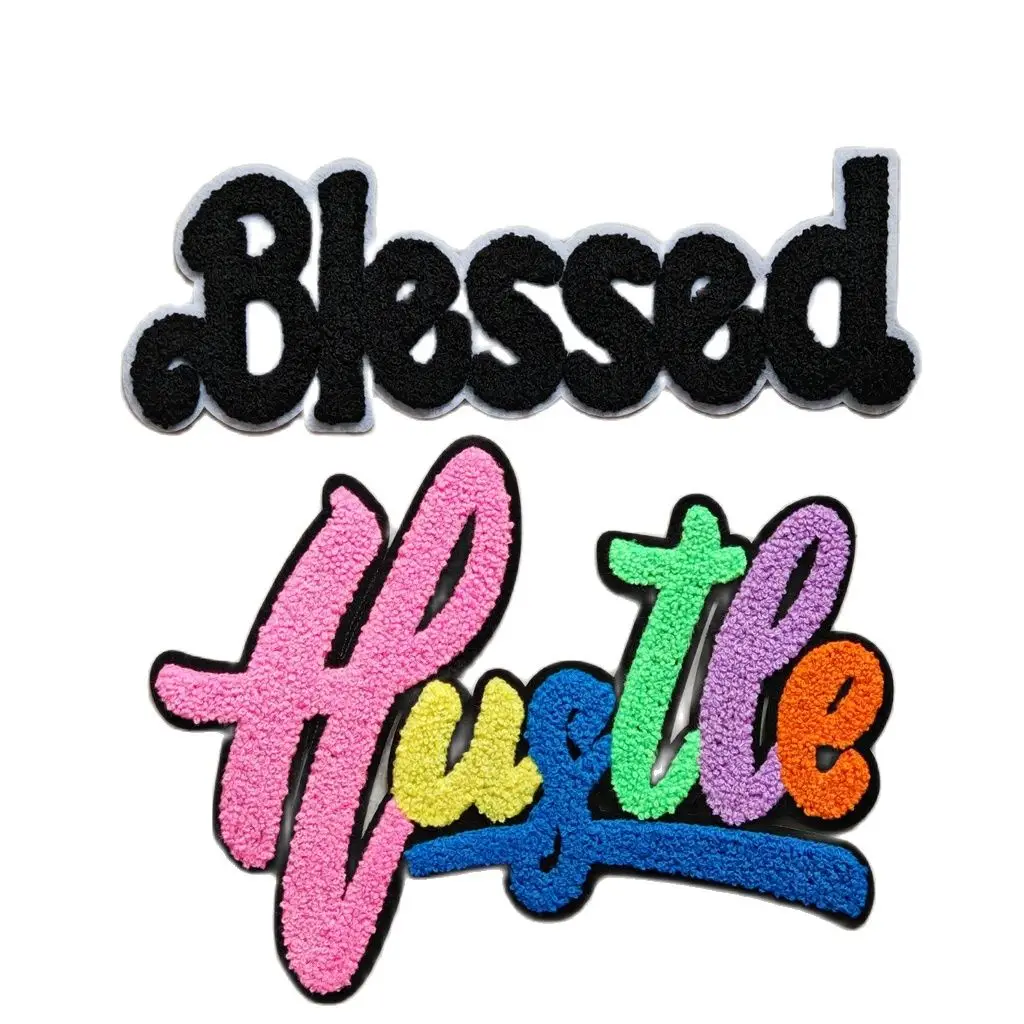 BLACK BLESSED COLORED PINK HUSTLE  Chenille LETTERS Embroidery Patch Clothing Accessories Cloth Sticker Clothing Sticker