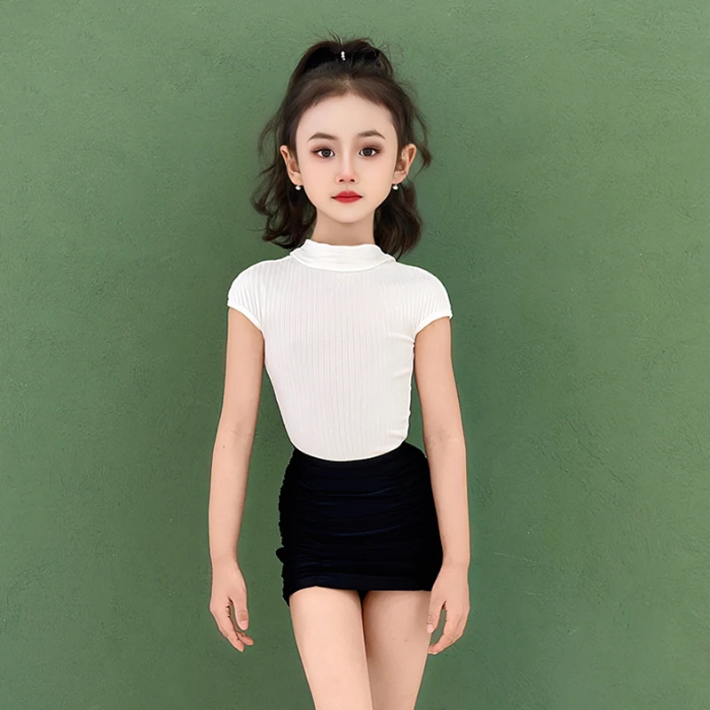 

Summer Latin Dance Costume Kids Short Sleeve Leotard Black Wrap Skirt Girls Latin Performance Dress Dancer Training Clothes 3731